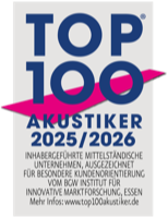 Logo Top 100 Akustiker 2025/2026 mit Fokus auf innovative Hörakustik