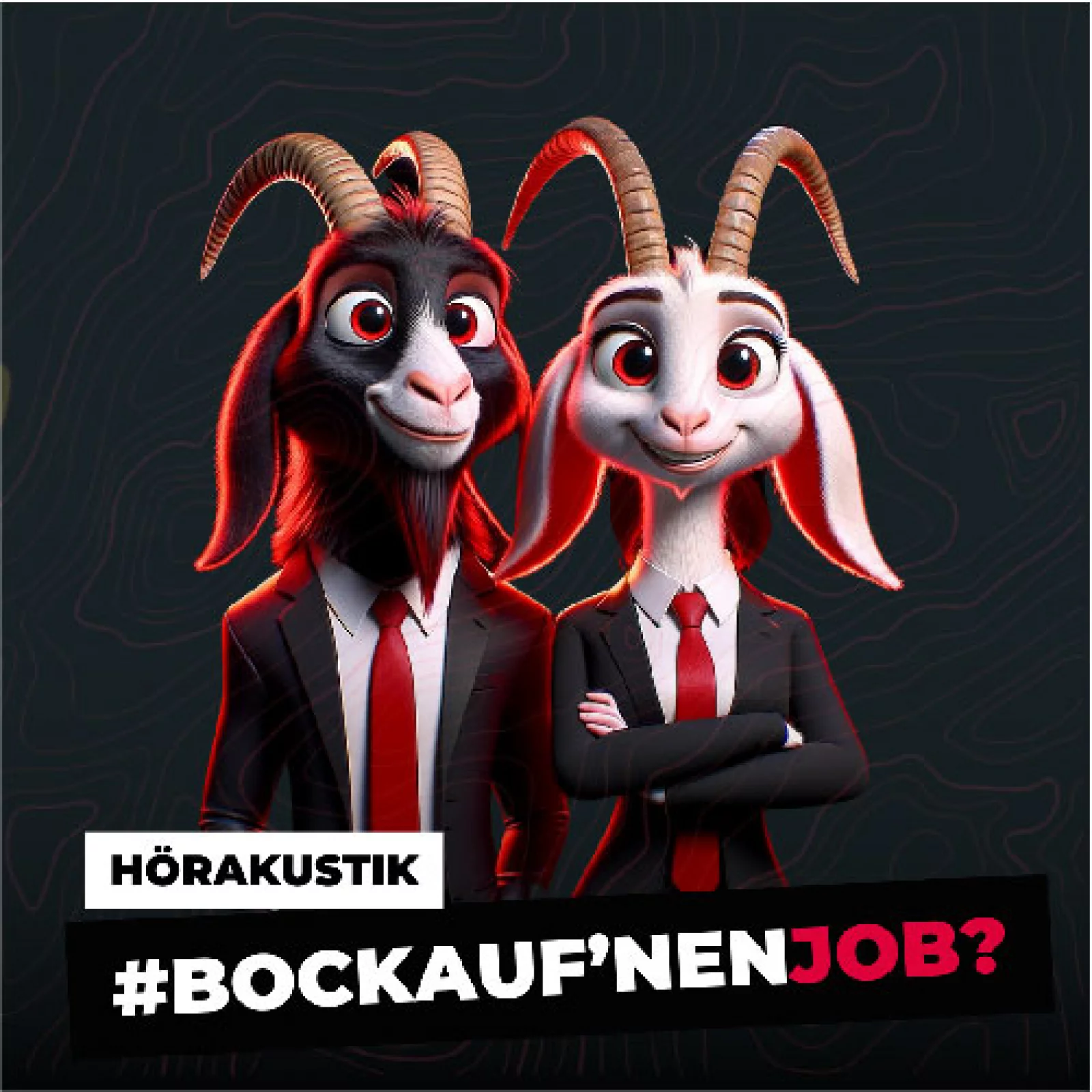 Zwei animierte Ziegen in Anzügen mit roten Krawatten vor dunklem Hintergrund