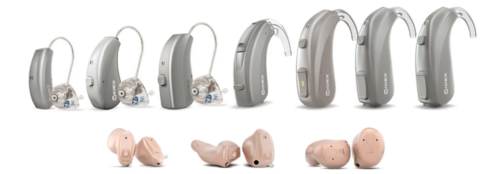 Verschiedene Widex Hörgeräte Modelle in Grau und Beige​