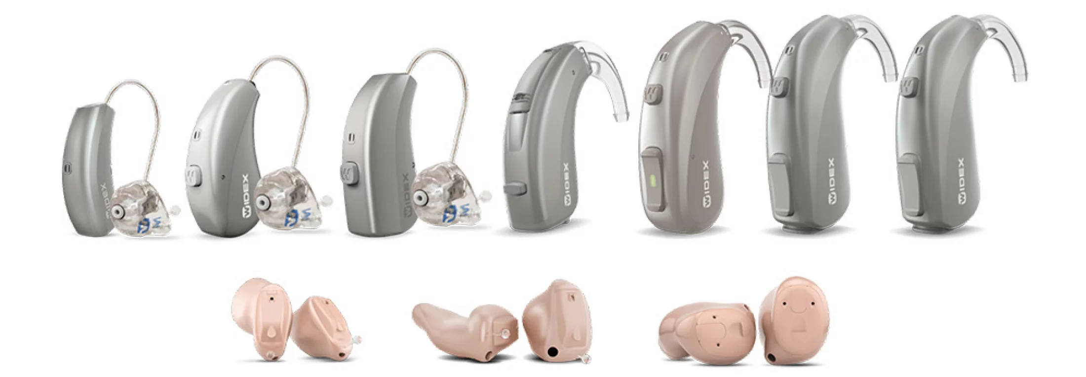 Verschiedene Widex Hörgeräte Modelle in Grau und Beige​