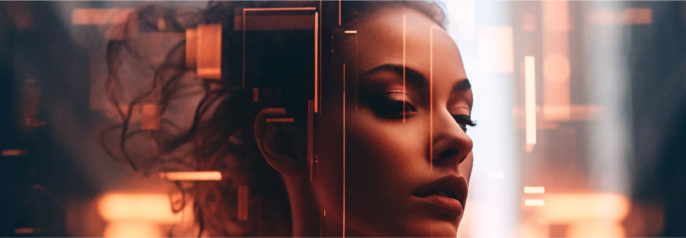 Porträt einer Frau mit futuristischen Lichteffekten und digitaler Aura