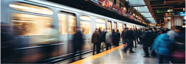 Menschen warten an belebtem U-Bahnsteig mit einfahrender Bahn