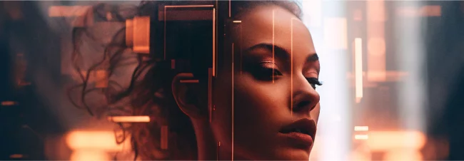 Porträt einer Frau mit futuristischen Lichteffekten und digitaler Aura